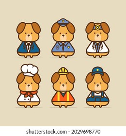 Cute dog character wearing uniforms of various professions