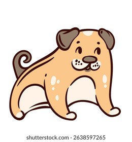 Cute dog cheerful, playful doodle of pug with beige fur, cream belly, and brown ears. Funny dog sits with curly tail and bright eyes, cartoon-style. Sticker of pet vector illustration