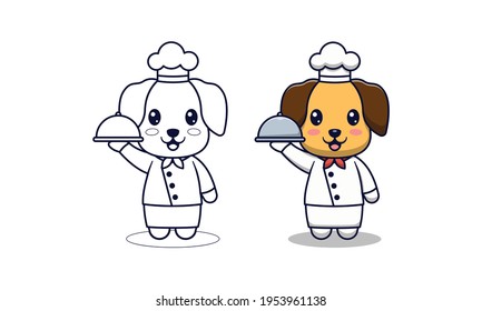 Cute dog chef carrying a plate cartoon coloring pages for kids