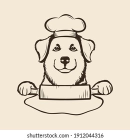 Cute dog with chef hat logo, cartoon vector illustration on animal food theme 