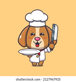 cute dog chef mascot cartoon character with knife and plate