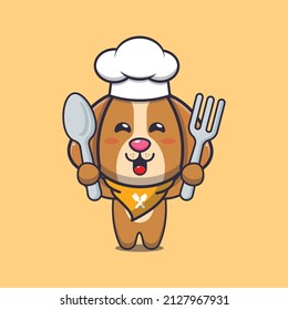 cute dog chef mascot cartoon character holding spoon and fork 