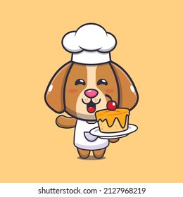 cute dog chef mascot cartoon character with cake