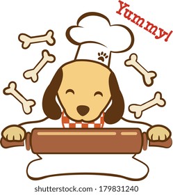 Cute dog chef with rolling pin making dog biscuits. EPS10