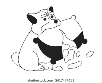 Cute dog chewing pillow black and white cartoon flat illustration. Naughty puppy destroying couch cushion linear 2D character isolated. Happy accident corgi doggy mess monochromatic scene vector image