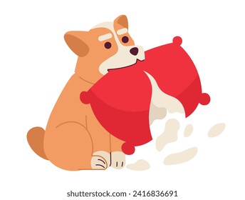 Cute dog chewing pillow cartoon flat illustration. Naughty puppy destroying couch cushion 2D character isolated on white background. Happy accident pet corgi doggy mess scene vector color image