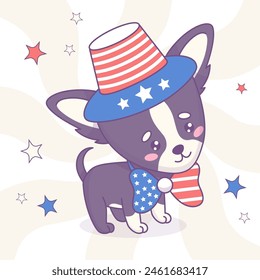 Netter Hund Chihuahua in Hut und Bogen in Farben Amerikanische Flagge. Lustige Cartoon patriotische kawaii Tierfigur. Unabhängigkeitstag. 4. Juli. Vektorillustration