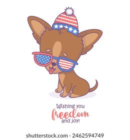 Netter Hund Chihuahua in Hut und Brille in Farben amerikanische Flagge. Lustige Cartoon patriotische kawaii Tierfigur. Unabhängigkeitstag 4. Juli Karte. Vektorillustration