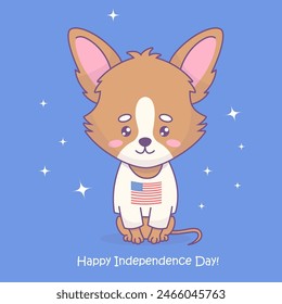 Netter Hund Chihuahua im T-Shirt mit amerikanischer Flagge. In: American Independence Day Card. Lustige Cartoon kawaii Tierfigur. Vektorillustration. Kids-Kollektion.