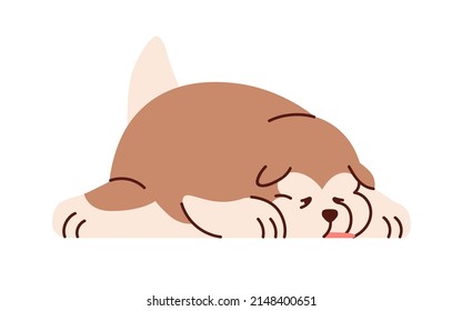 Cute Dog Of Chinese Alaskan Malamute Breed, Lying And Sleeping. Funny Asian Puppy Relaxing. Tired Sleepy Baby Doggy Resting With Tongue Out. Flat Vector Illustration Isolated On White Background