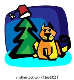 Cute dog  . Chinese New Year . Year of vector design of a dog. A flat picture dog bringing holiday. Holidays greeting card.