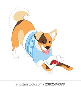 Cute dog in Christmas clothes and with bone on white background 