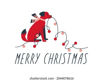 A cute dog with Christmas garland. Merry Christmas lettering. New Year's Eve preparation. Vector flat illustration