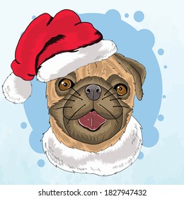 A cute dog in a Christmas hat sticking out its tongue premium vector