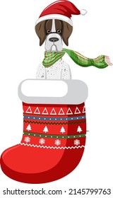 Cute dog in Christmas stocking in cartoon style illustration