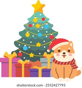 Cute Dog with Christmas Tree and Gifts