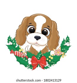 Cute dog with Christmas wreath. Vector illustration for baby shower, greeting card, party invitation, fashion clothes t-shirt print.