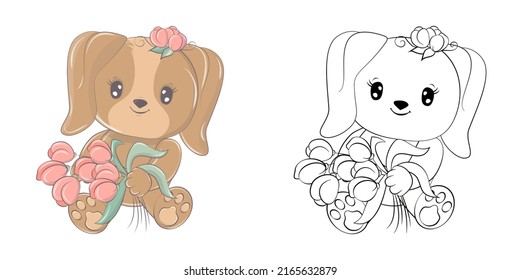 Cute Dog Clipart for Coloring Page and Illustration. Happy Clip Art Dog with a Bouquet of Tulips. Vector Illustration of an Animal for Stickers, Prints for Clothes, Baby Shower, Coloring Pages. 