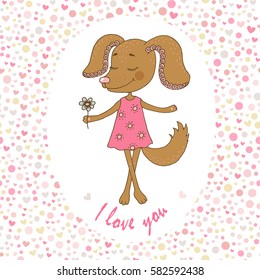 Cute dog with closed eyes. Romantic pattern with Hearts and peas. Vector illustration for Valentine's Day, baby announcement, Mother's Day,wedding design, scrapbook, textiles. I love you.