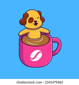 Cute Dog In Coffee Cup Cartoon Vector Icons Illustration. Flat Cartoon Concept. Suitable for any creative project.