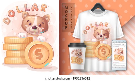 Cute dog with coin poster and merchandising.