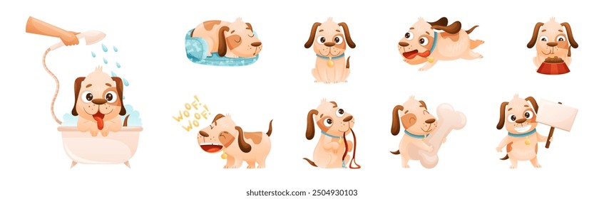 Cute Dog with Collar as Domestic Pet Engaged in Different Activity Vector Set