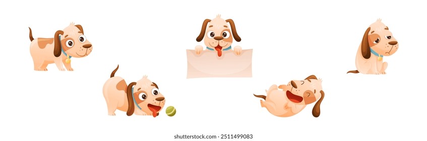 Cute Dog with Collar as Domestic Pet Engaged in Different Activity Vector Set