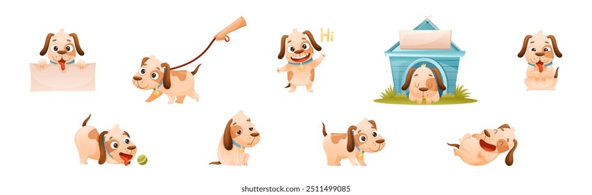 Cute Dog with Collar as Domestic Pet Engaged in Different Activity Vector Set