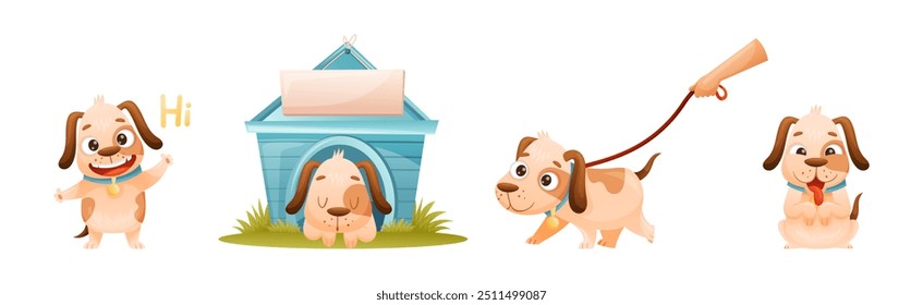 Cute Dog with Collar as Domestic Pet Engaged in Different Activity Vector Set