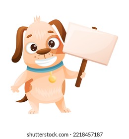 Cute Dog with Collar Holding Empty Banner or Signboard on Pole Vector Illustration