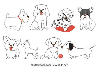 Cute dog collection. Set of doodle pets isolated on white background. Hand drawn vector illustration with black and white dogs.