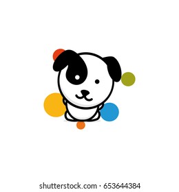 Cute Dog with colorful balls vector illustration, Baby Puppy logo, new design art, Pet Black color sign, simple image, picture with animal.