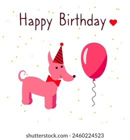 Cute dog in colorful hat with balloon. Vector illustration in cartoon style of happy birthday greeting card. Web design, greeting card, textile, vector illustration 