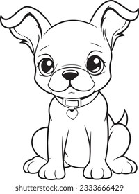 Cute Dog Coloring Book Page, little puppy outline black and white for kids