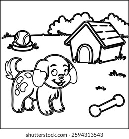 Cute Dog Coloring Page with Dog House
