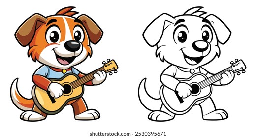 Cute Dog Coloring Page For Kids. Dog Coloring Printable. Cute Dog Plays Guitar Cartoon Illustration Vector Design On White Background