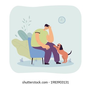 Cute dog comforting sad owner. Upset male character sitting on chair, pet asking for attention flat vector illustration. Pets, support, mental health, psychology concept for banner, website design