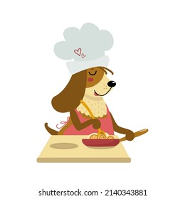 Cute dog is cooking breakfast. Happy pet is chef in cook hat and apron with frying pan, cheerful puppy fried pancakes. Cartoon animal, hand drawn vector illustration isolated on white. Flat design