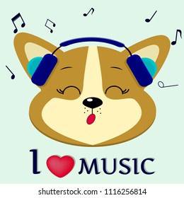 Cute dog Corgi is a musician who sings songs. Head in blue headphones with closed eyes, in the style of cartoons. Vector illustration, a flat design.