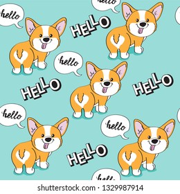 Cute dog corgi on a blue background seamless pattern