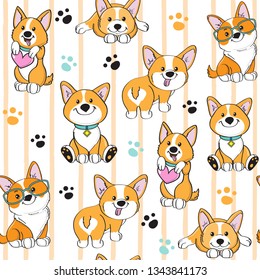 Cute dog corgi on a striped background seamless pattern