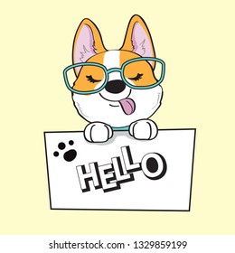 Cute dog corgi on a yellow background holding an inscription hello