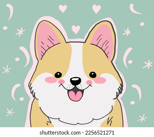 Cute dog corgi smiles. Pastel colors background. Perfect content for wallpaper, postcards, posters, fabric, napkins and other creative projects.