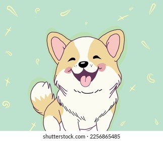 Cute dog corgi smiles. Pastel colors background. Perfect content for wallpaper, postcards, posters, fabric, napkins and other creative projects.