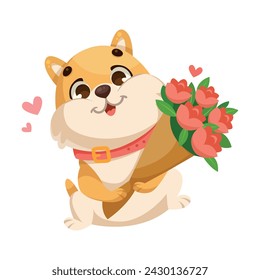 Cute Dog Cub with Flower Bouquet and Heart for Valentine Day Vector Illustration