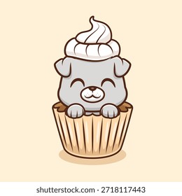 Ilustración linda del icono del Vector de la historieta del cupcake del perro. Icono de comida animal concepto aislado Premium Vector. Estilo plano de la historieta