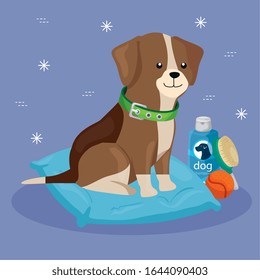 cute dog with cushion and icons for care vector illustration design
