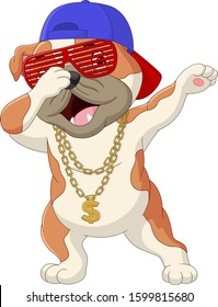 Cute dog dabbing dance wearing sunglasses, hat, and gold necklace