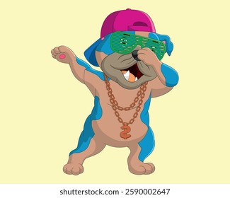 Cute dog dabbing dance wearing sunglasses, hat, and gold necklace vector