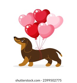 Carácter lindo perro dachshund con globos en forma de corazón. Tarjeta de cumpleaños. Estilo de dibujos animados, vector